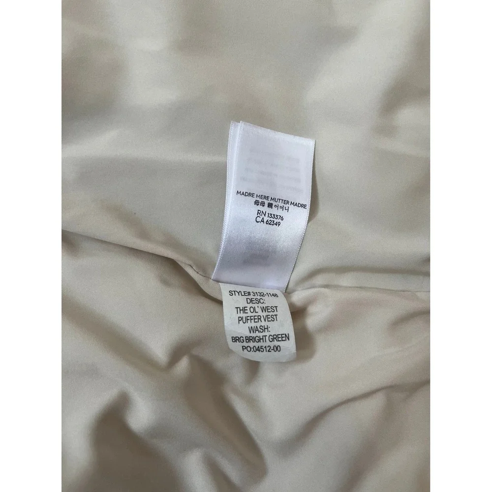 MOTHER The Ol West Puffer Vest Bright Green Tan Sherpa Collar XL - Picture 7 of 7